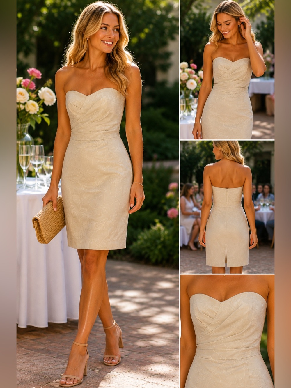 Talbots 10 P L Ivory Strapless Floral Jacquard Cocktail Dress Sheath Wedding
